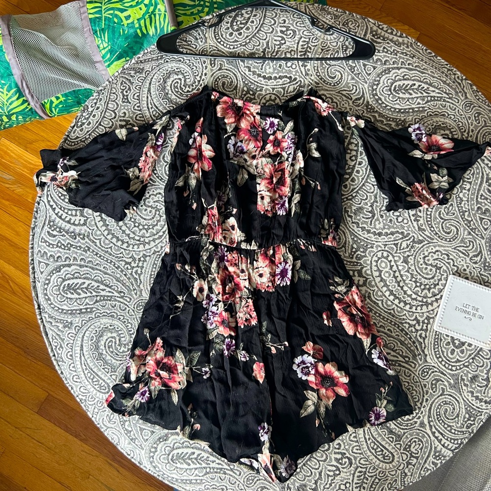 Floral and black off the shoulder romper w/shorts